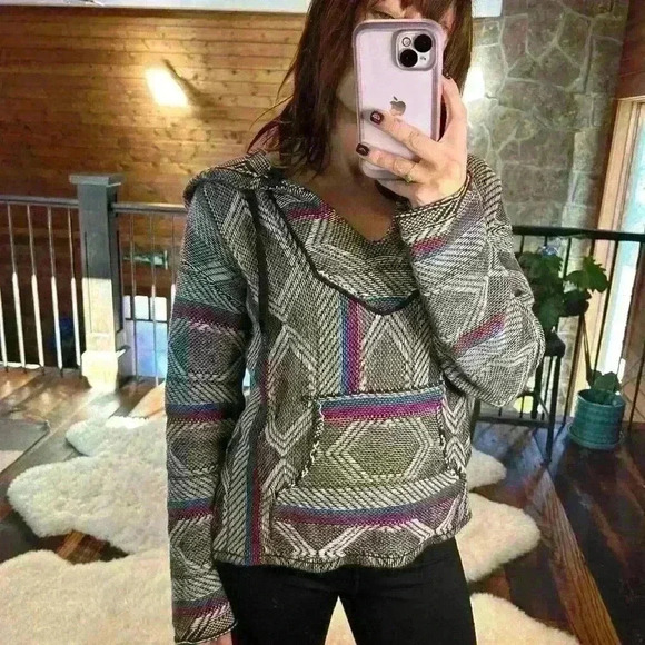 MEXICAN PONCHO Super Soft Hooded Beach Surfer Relaxed Fit Women Small - Picture 2 of 9